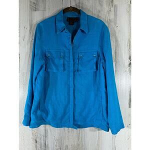 Diane Gilman‎ Collection Turquoise Blue Linen Jacket Size Medium Zip Up Pockets